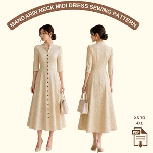 Cottagecore Midi Dress Sewing Pattern, Floral Prairie Style, Mandarin Collar, Button Front (PDF)