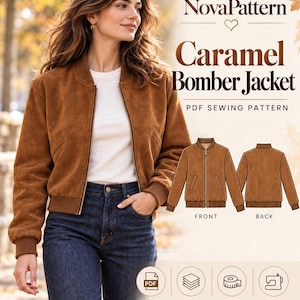 May include: A caramel bomber jacket PDF sewing pattern by NovaPattern. The image displays a brown suede-like bomber jacket with a ribbed collar, cuffs, and hem, alongside a technical line drawing showing the front and back views of the garment.