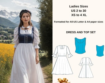 Vintage Austrian Dress and Corset blouse Sewing Patter,dirndl dress octoberfest dirndl A0-A4-US Letter-Ladies Size ;US 2 to 30 and XS to 4XL