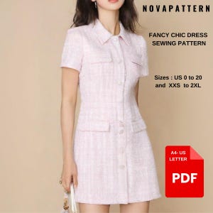 May include: A sewing pattern for a pink and white tweed dress with a collared neckline, short sleeves, and a button-up front. The pattern is available in sizes US 0 to 20 and XXS to 2XL. The pattern is available as a PDF download.