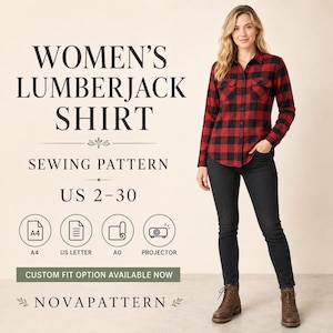 Op de afbeelding: Een overhemd met lange mouwen en knoopsluiting in een rood en zwart ruitpatroon, voorzien van twee borstzakken en een kraag. De tekst luidt: WOMEN'S LUMBERJACK SHIRT SEWING PATTERN US 2-30, A4, US LETTER, A0, PROJECTOR, CUSTOM FIT OPTION AVAILABLE NOW, NOVAPATTERN.