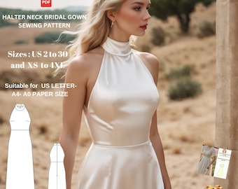 Halter Neck Wedding Dress Sewing Pattern | Elegant Satin Bridal Gown | Backless Evening Dress | PDF Pattern A4 A0 US Letter