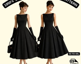 1950's Celebrity Sabrina Dress Pattern, Laides Size;US 2 to 30 (XS to 4XL)//Suitable for A0- A4- US Letter Format