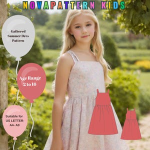 Patrón de costura para vestido de verano con tirantes fruncidos, apto para tamaños A4-A0-US Letter-DXF, rango de edad de 2 a 16 años