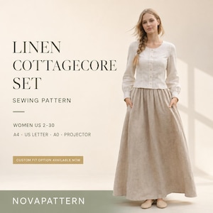 May include: A sewing pattern for a linen cottagecore set, featuring a long-sleeved button-up top and a floor-length skirt. The text reads: LINEN COTTAGECORE SET, SEWING PATTERN, WOMEN US 2-30, A4, US LETTER, A0, PROJECTOR, CUSTOM FIT OPTION, NOVAPATTERN.