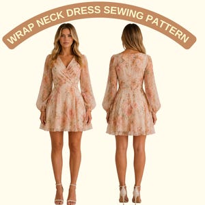 Pode incluir: É apresentado um padrão de costura de vestido envelope. O vestido apresenta uma estampa floral em tons de pêssego e rosa, com mangas compridas e transparentes e bainha com babados. O vestido é mostrado na frente e atrás.