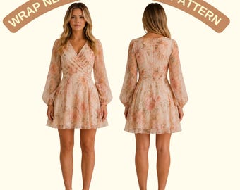 Floral Mini Dress Sewing Pattern PDF, Long Sleeve Chiffon Dress, Wrap V Neck Fit and Flare Dress, Wedding Guest Dress XS–4XL
