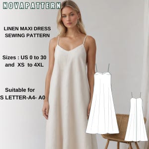 May include: A sewing pattern for a linen maxi dress. The pattern includes sizes UK 4 to 34 and XS to 4XL. The pattern is suitable for printing on sizes S Letter, A4, and A0.