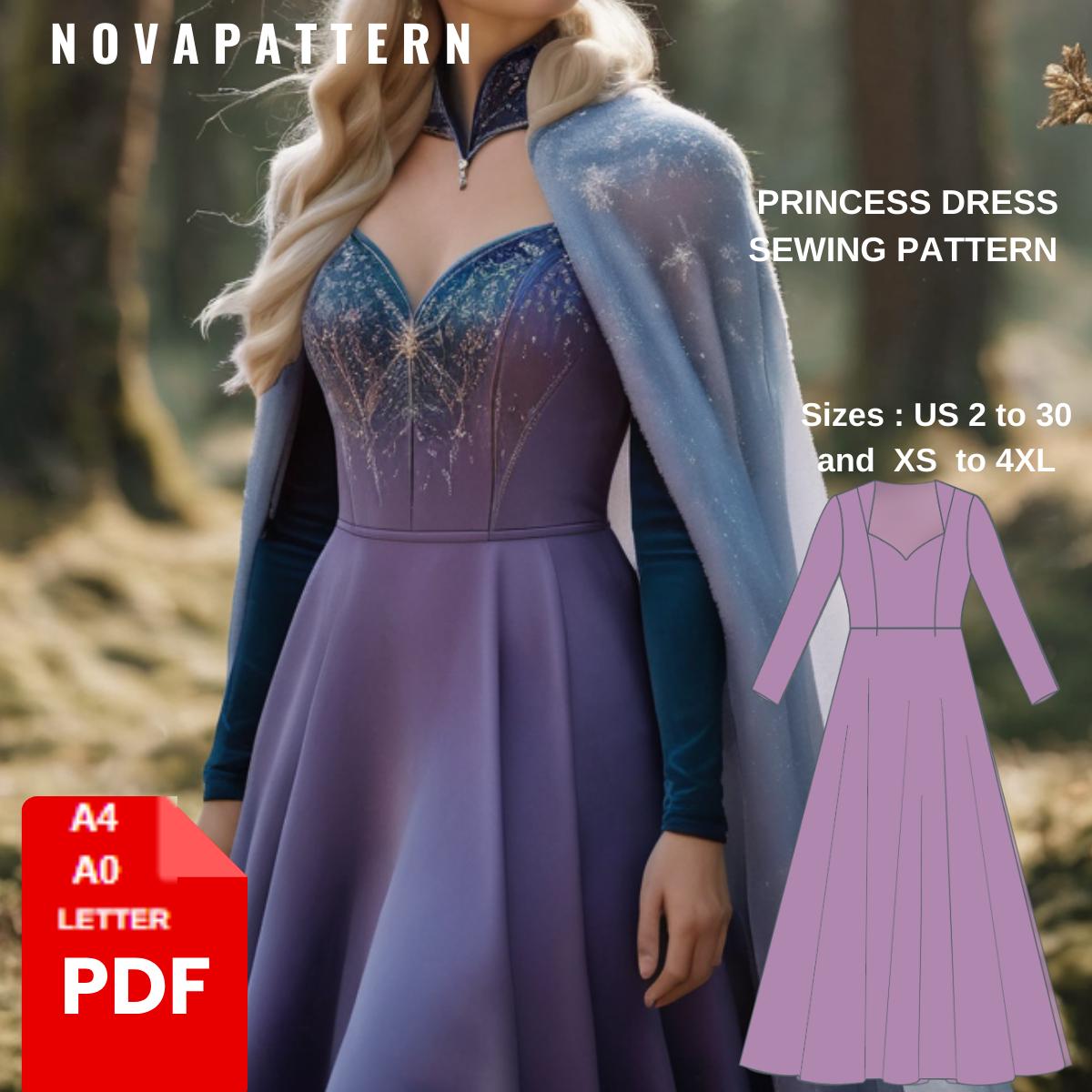 Maxi Heart Neck Princess Dress pattern,Fairy,Regency,Elvish dress,Maxi Dress,Halloween costume , Suitable for A0 A4 US Letter-US 2 to 30