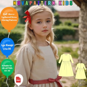 Patrón de costura de vestido de verano de lino fruncido para niños, vestido de niña con mangas abullonadas, adecuado para letras A4-A0-US - DXF, rango de edad de 2 a 16 años