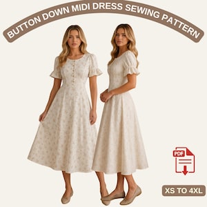 Cottagecore Button Down Midi Dress Sewing Pattern, Vintage Fit and Flare Dress Pattern, Romantic Linen Dress, Women US 2-30 A4 A0 US Letter