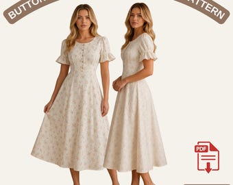 Cottagecore Button Down Midi Dress Sewing Pattern, Vintage Fit and Flare Dress Pattern, Romantic Linen Dress, Women US 2-30 A4 A0 US Letter