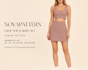 Crop Top and High-Waist Mini Skirt Set Sewing Pattern  Womens PDF US 2–30
