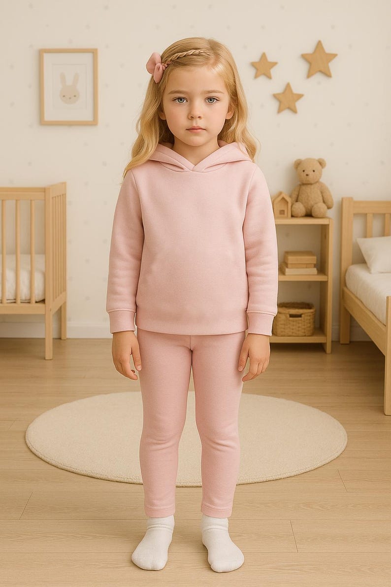 May include: A young child wearing a matching pink hoodie and leggings set. The outfit is a solid color, and the child is standing on a light-colored rug. The background includes a wooden bed frame, a small shelf with a teddy bear, and star-shaped wall decorations.