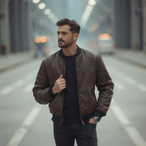 May include: A brown leather bomber jacket with a black sweater and dark jeans. The jacket has a ribbed collar and cuffs. A silver watch is visible on the wrist. The person is standing in a tunnel.