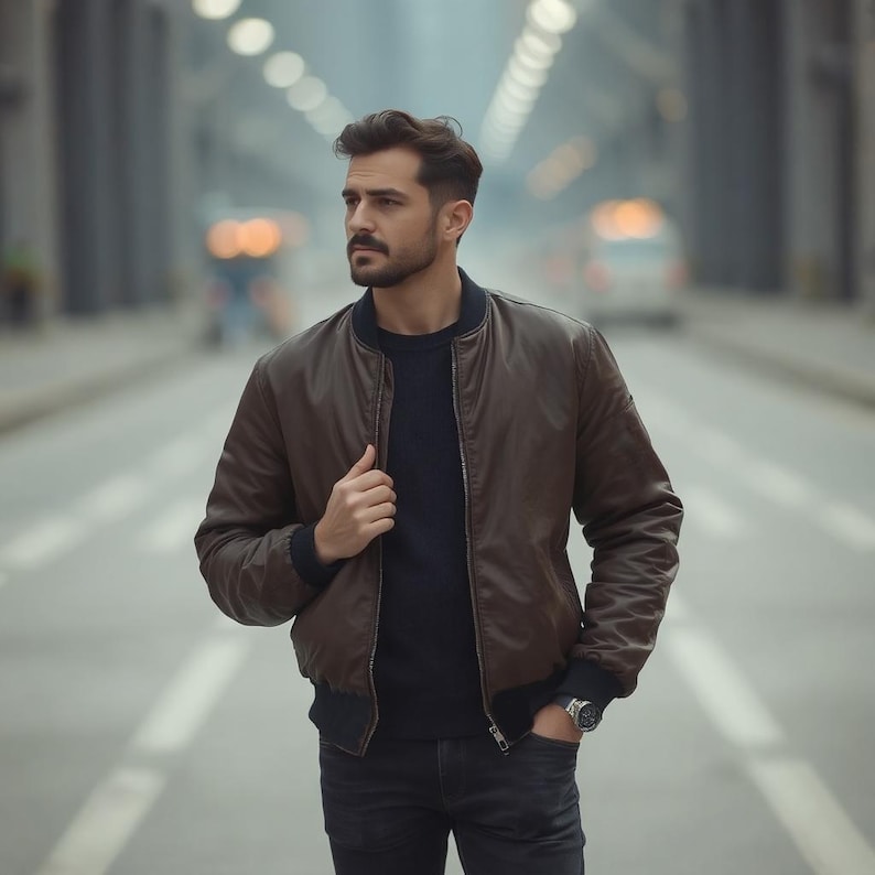 May include: A brown leather bomber jacket with a black sweater and dark jeans. The jacket has a ribbed collar and cuffs. A silver watch is visible on the wrist. The person is standing in a tunnel.