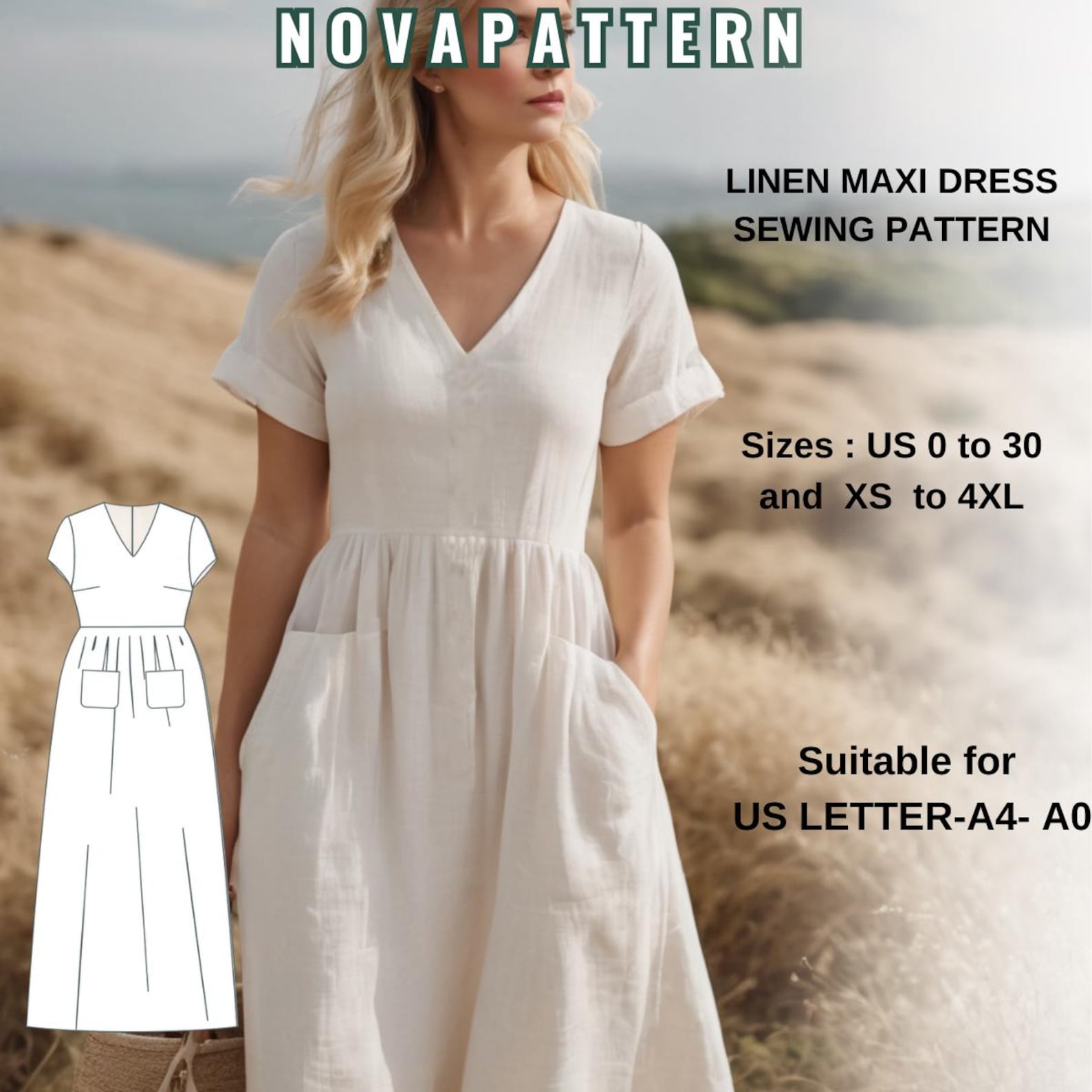 Simple Linen Stock Pattern Linen Maxi Dress Sewing Pattern | V-neck Short Sleeve Dress With ...