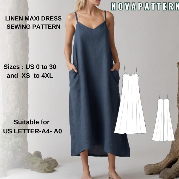 Patrón de costura de vestido maxi de verano de lino: camisola trapecio (PDF) diseñado con una silueta relajada en forma de A y un elegante estilo minimalista.