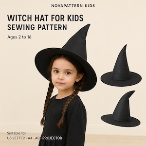 May include: A black witch hat sewing pattern for kids ages 2 to 16 by NOVAPATTERN KIDS. The image displays the text Witch Hat for Kids Sewing Pattern, Ages 2 to 16, and Suitable for US Letter, A4, A0, Projector. Two additional black hats are shown.
