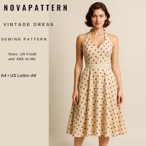 Vintage Halter Dress Sewing Pattern, 1950s Fit and Flare Dress Pattern, Retro Summer Dress PDF, Women US 2-30, A4 A0 US Letter Pattern.