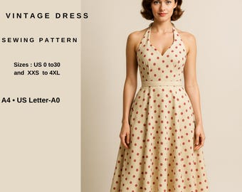 Vintage Halter Dress Sewing Pattern, 1950s Fit and Flare Dress Pattern, Retro Summer Dress PDF, Women US 2-30, A4 A0 US Letter Pattern.