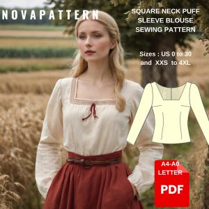 Padrão de blusa Cottagecore, top de gola quadrada, adequado para A0-A4-US Letter //Tamanhos; EUA 2 a 30 e XS a 4XL