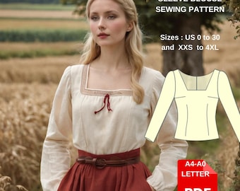 Square Neck Blouse Sewing Pattern | Puff Sleeve Renaissance Top | Linen Cottagecore Blouse | PDF Pattern A4 A0 US LetteS-4XL)