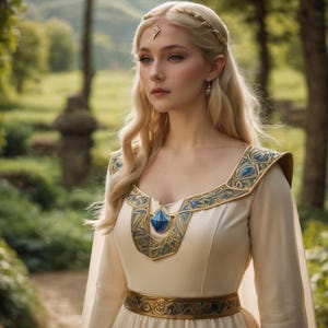 May include: A woman with long blonde hair wearing a white dress with gold and blue embroidery. She is wearing a gold crown and a blue gemstone pendant.
