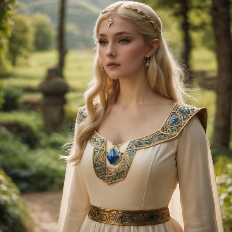 May include: A woman with long blonde hair wearing a white dress with gold and blue embroidery. She is wearing a gold crown and a blue gemstone pendant.