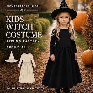 Puede incluir: Un patrón de costura para un disfraz de bruja para niños que incluye un vestido negro de manga larga y un sombrero puntiagudo. El texto dice NOVAPATTERN KIDS, KIDS WITCH COSTUME, SEWING PATTERN, AGES 2-16, A4, US LETTER, A0, PROJECTOR. Incluye dibujo.