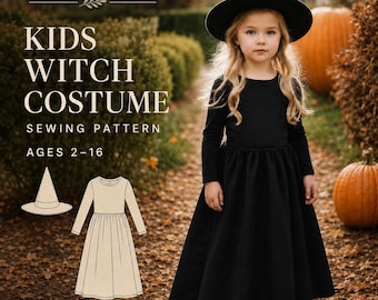 Kids Witch Costume Sewing Pattern | Halloween Dress, Hat Set (Digital Download) Ages 2-16