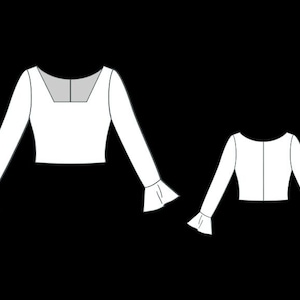 May include: A white long-sleeve top featuring a square neckline and flared bell sleeves. The illustration displays both the front view with a visible inner collar detail and the back view, which includes a central vertical seam line.