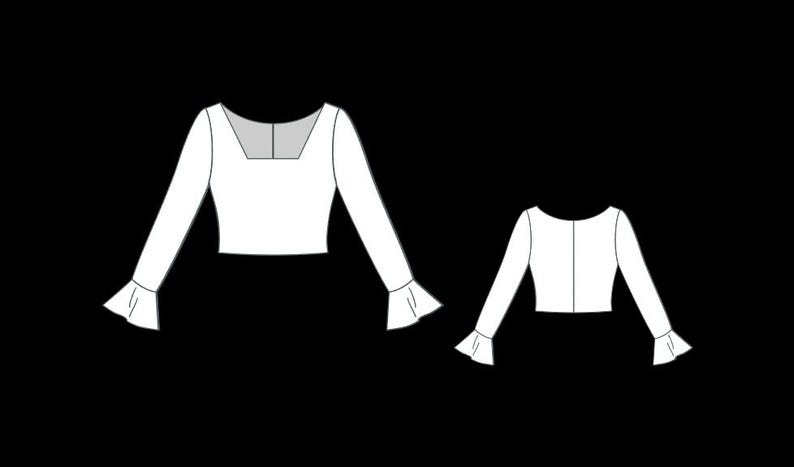 May include: A white long-sleeve top featuring a square neckline and flared bell sleeves. The illustration displays both the front view with a visible inner collar detail and the back view, which includes a central vertical seam line.