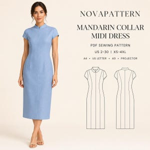 May include: A light blue midi dress with a mandarin collar and short sleeves. The text reads NOVAPATTERN MANDARIN COLLAR MIDI DRESS PDF SEWING PATTERN US 2-30 | XS-4XL A4 US LETTER A0 PROJECTOR. Includes a line drawing of the front and back of the dress.