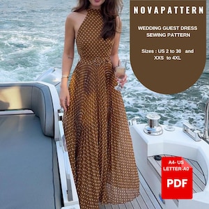 Patrón de costura para vestido de invitada de boda largo con cuello halter, variedad de opciones de tamaño de EE. UU. 2 a 30 y XS a 4XL, adecuado para A0- A4-US Letter