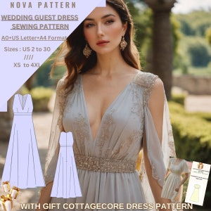 Patrón de costura para vestido de invitada de boda maxi, tallas: EE. UU. 2 a 30 y XS a 4XL, adecuado para tallas A0, A4 y Carta de EE. UU. Nuestra colección incluye opciones de tallas grandes.