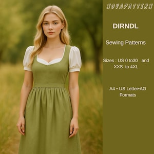 Könnte beinhalten: Eine Frau in einem grünen Dirndlkleid mit weißen Ärmeln und Ausschnitt. Das Bild enthält Text: "NOVAPATTERN", "DIRNDL", "Sewing Patterns" und Größenangaben in US-Größen.