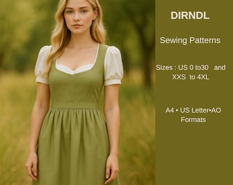 Patron de couture de robe Dirndl | Robe traditionnelle bavaroise pour l'Oktoberfest | Corsage à manches bouffantes et jupe froncée | Patron PDF A4 A0 Lettre US