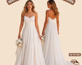 Bridal Maxi Dress Sewing Pattern, Minimalist Wedding Dress PDF, Elegant Spaghetti Strap Gown Pattern, Modern Bridal Dress XS-4XL
