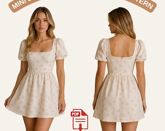 Babydoll Dress Sewing Pattern, Puff Sleeve Gingham Mini Dress PDF Pattern, Square Neck Cottagecore Outfit, A4 A0 US Letter, XS–4XL