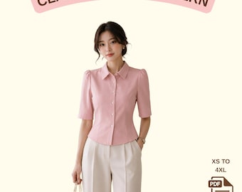 Fitted Korean Office Blouse Sewing Pattern, Vintage Inspired Shirt (PDF Download)