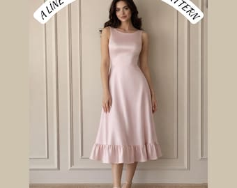 A Line Midi Dress Sewing Pattern, Elegant Sleeveless Flounce Hem Dress Pattern, Minimalist Fit and Flare Dress,Women US 2-30 A4 A0 US Letter