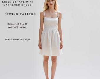 Linen Strap Mini Dress Sewing Pattern, Gathered Sundress Pattern, Minimalist Summer Dress PDF, Women US 0-30 A4 A0 US Letter