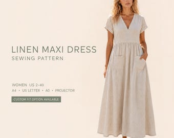 Naaipatroon linnen maxi-jurk | Jurk met V-hals, korte mouwen en zakken | Makkelijke zomerjurk | PDF-patroon A4 A0 US Letter