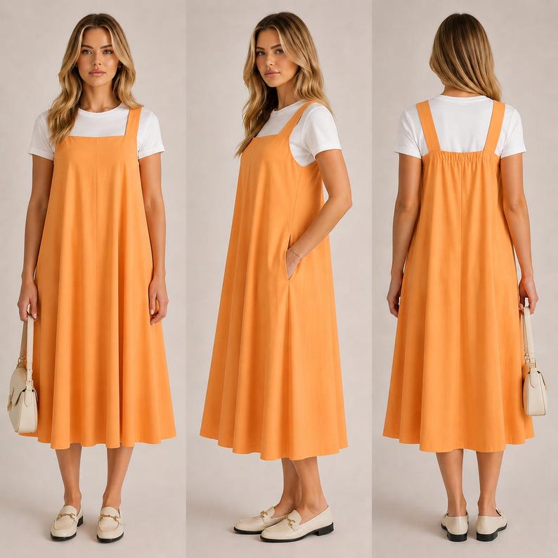 May include: An orange midi-length overall dress worn over a white t-shirt. The dress has wide shoulder straps and pockets. The model is wearing white loafers and carrying a white handbag. The dress is made of a soft, flowing fabric.