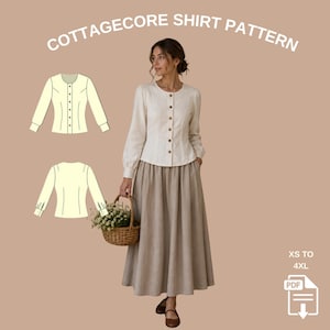 May include: A woman wearing a cream-colored button-down shirt and a long beige skirt, holding a basket of flowers. The image includes a shirt pattern illustration and text that reads "COTTAGECORE SHIRT PATTERN" and "XS TO 4XL PDF".