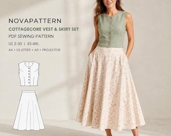 Cottagecore Vest and Midi Skirt Sewing Pattern: US 2-30 (PDF)