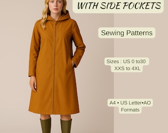 Hooded Raincoat Sewing Pattern | Waterproof Jacket PDF | Long Coat with Pockets | DIY Outerwear Pattern | Fall Winter Coat for Women