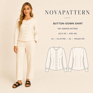 以下が含まれることがあります： クリーム色の長袖ボタンダウンシャツとパンツ。テキストは「NOVAPATTERN BUTTON-DOWN SHIRT PDF SEWING PATTERN US 0-30 | XXS-4XL A4 • US LETTER • A0 • PROJECTOR」と記載されています。シャツの前後を示す線画が含まれています。