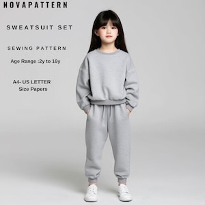 Conjunto de sudadera y pantalón deportivo básico para niños (patrón de costura en PDF, apto para A4, A0, carta estadounidense, DXF, rango de edad: 2 a 16 años)